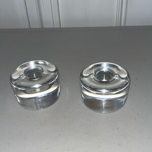 Orrefors Crystal Pair Puck Candle Stick Holders Set by Lena Bergstrom Sweden
